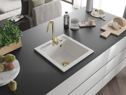Mexen Vito granite kitchen sink 1-bowl with Telma kitchen faucet, white - 6503-20-670200-50