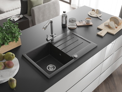 Mexen Bruno granite sink 1-bowl with drainer and Duero kitchen tap, black speckled - 6513-76-671600-00