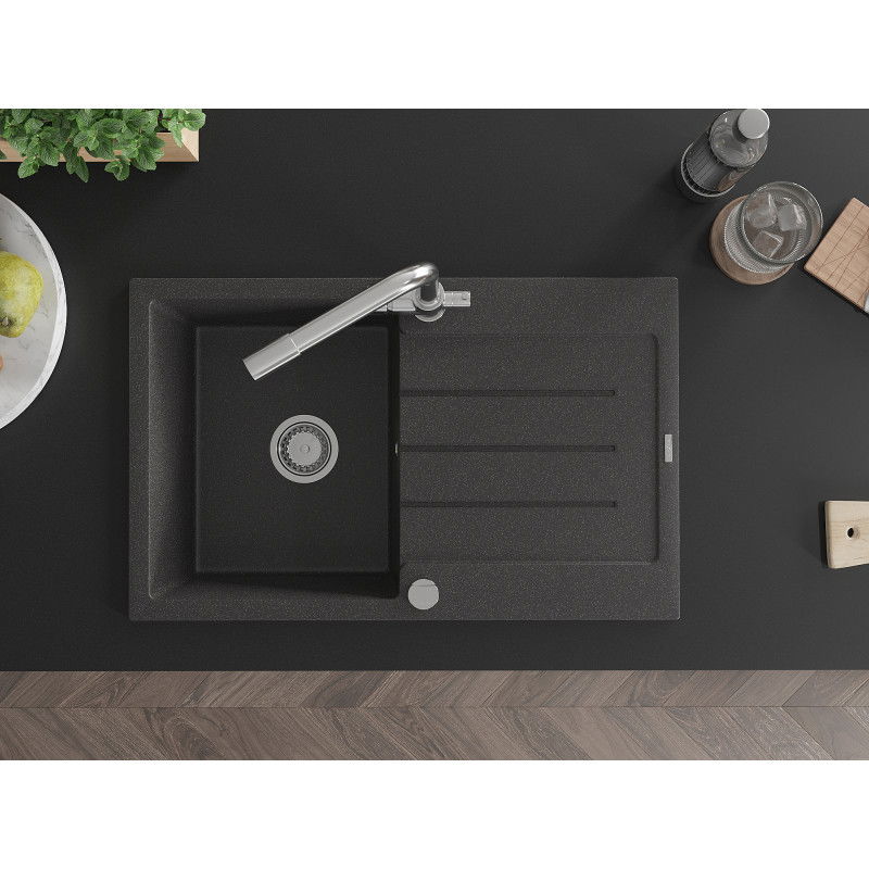 Mexen Bruno granite sink 1-bowl with drainer and Duero kitchen tap, black speckled - 6513-76-671600-00