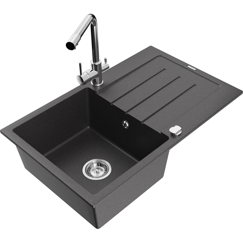 Mexen Bruno 1-compartment granite sink with a drip tray and kitchen mixer tap Duero, spotted black - 6513-76-671600-00