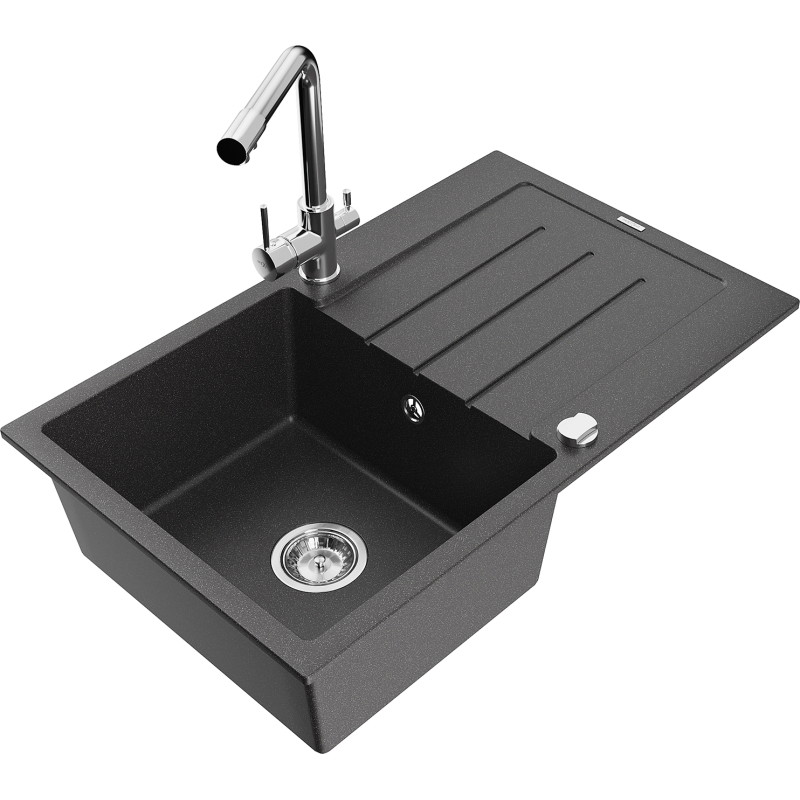 Mexen Bruno granite kitchen sink 1-bowl with drainer and kitchen faucet Duero, black speckled - 6513-76-671600-00