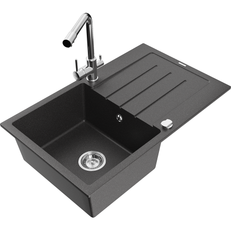 Mexen Bruno granite sink 1-bowl with drainer and kitchen faucet Duero, black speckled - 6513-76-671600-00