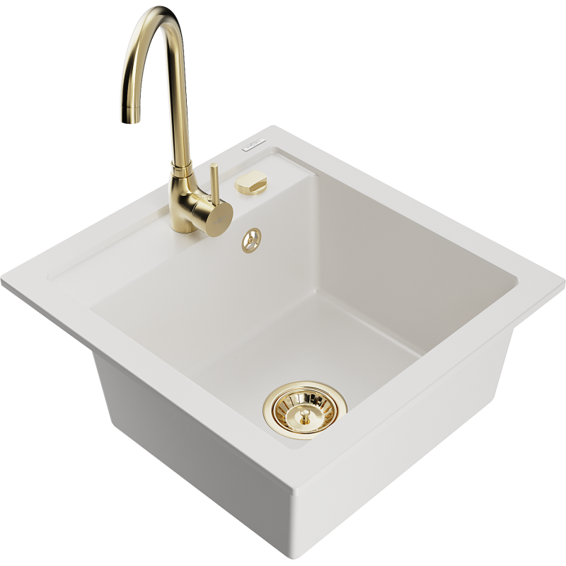 Mexen Vito 1-bowl granite sink with Telma kitchen tap, white - 6503-20-670200-50
