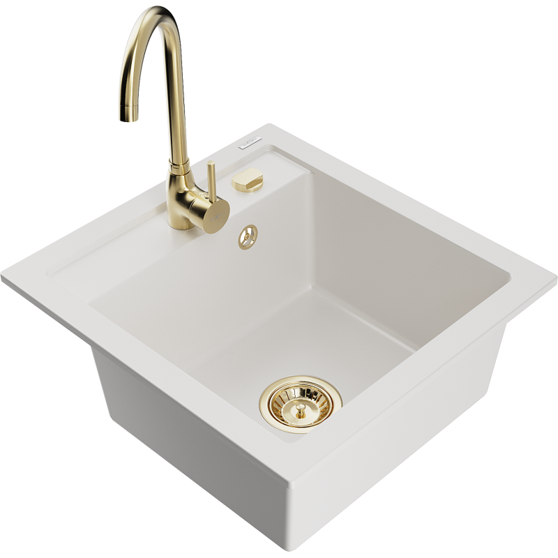Mexen Vito granite kitchen sink 1-bowl with Telma kitchen faucet, white - 6503-20-670200-50
