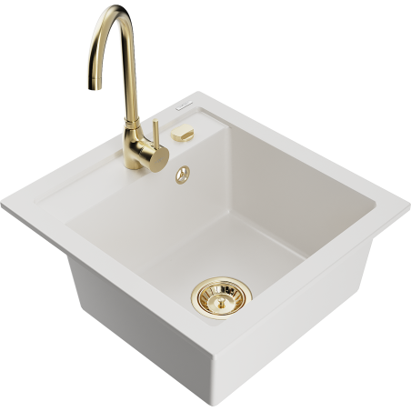 Mexen Vito 1-bowl granite sink with Telma kitchen tap, white - 6503-20-670200-50