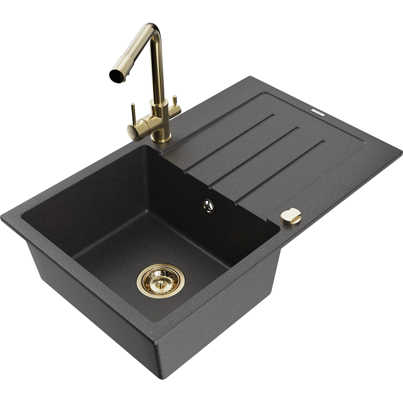 Mexen Bruno 1-bowl granite sink with drainer and Duero kitchen tap, speckled black - 6513-76-671600-50