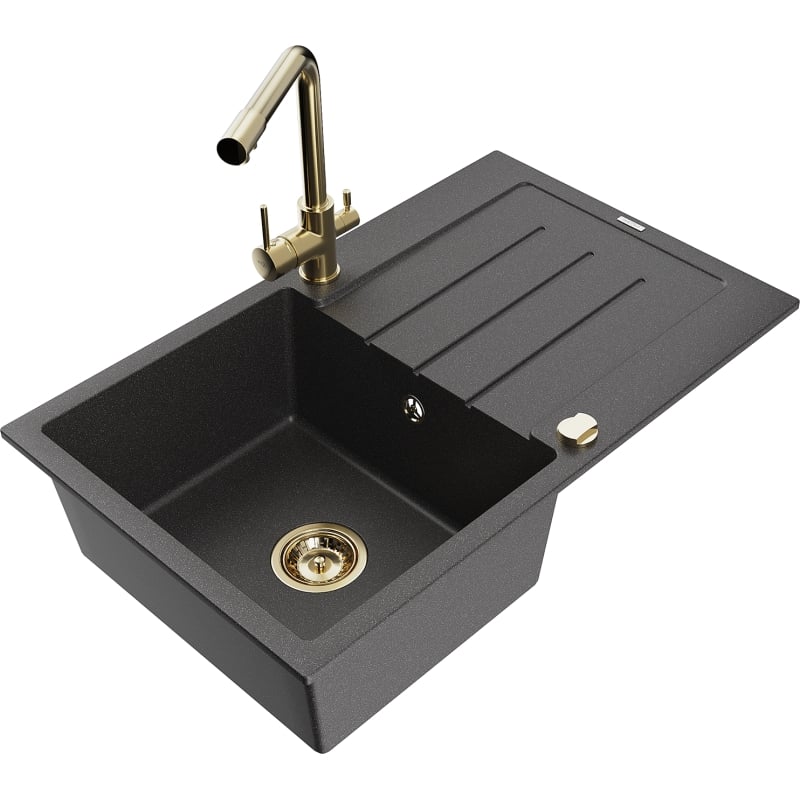 Mexen Bruno granite kitchen sink 1-bowl with drainer and tap Duero, speckled black - 6513-76-671600-50