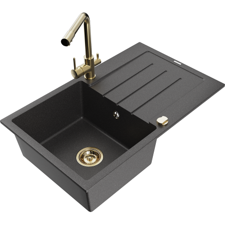 Mexen Bruno 1-bowl granite sink with drainer and Duero kitchen faucet, black speckled - 6513-76-671600-50