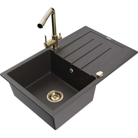 Mexen Bruno 1-bowl granite sink with drainer and Duero kitchen tap, speckled black - 6513-76-671600-50