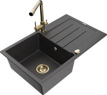 Mexen Bruno 1-bowl granite sink with drainer and Duero kitchen tap, speckled black - 6513-76-671600-50