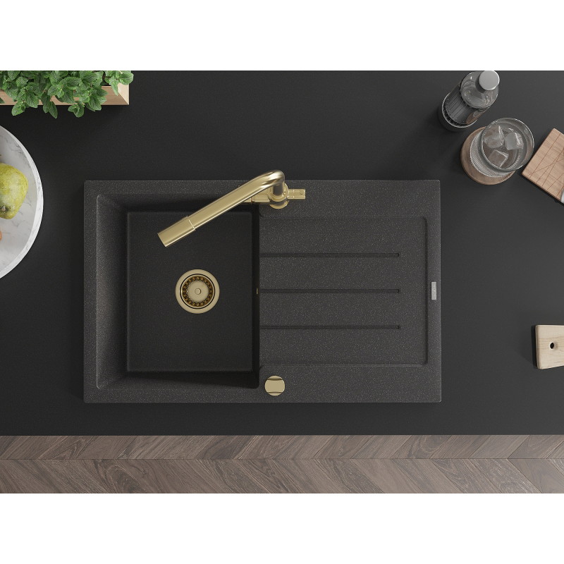 Mexen Bruno 1-bowl granite sink with drainer and Duero kitchen faucet, black speckled - 6513-76-671600-50