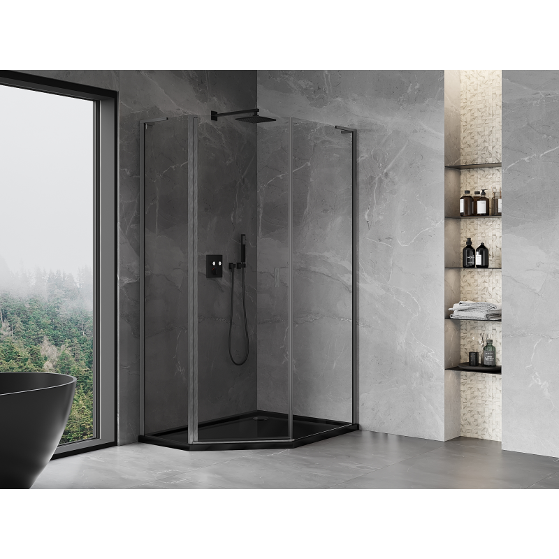 Mexen Mist L asymmetrical pentagonal hinged shower enclosure 80x90 cm transparent gun gray brushed - 8A8L-080-090-66-00