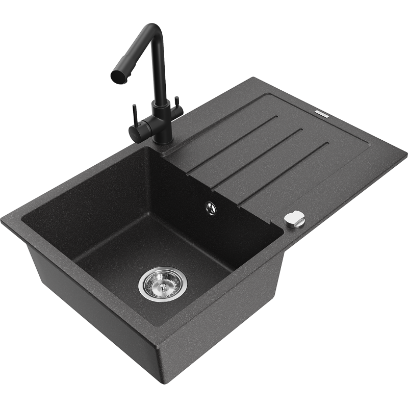 Mexen Bruno 1-compartment granite sink with a drip tray and kitchen mixer tap Duero, spotted black - 6513-76-671600-70