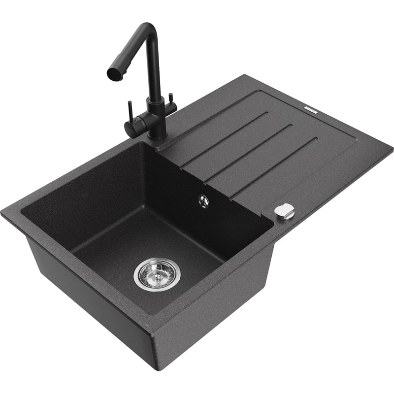 Mexen Bruno granite kitchen sink 1-bowl with drainer and kitchen faucet Duero, black speckled - 6513-76-671600-70