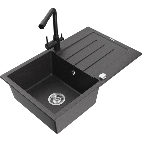 Mexen Bruno granite kitchen sink 1-bowl with drainer and kitchen faucet Duero, black speckled - 6513-76-671600-70