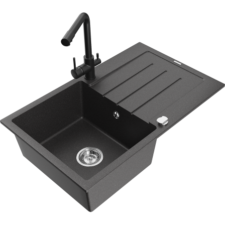Mexen Bruno granite sink 1-bowl with drainer and Duero kitchen faucet, speckled black - 6513-76-671600-70
