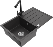 Mexen Bruno granite sink 1-bowl with drainer and Duero kitchen faucet, speckled black - 6513-76-671600-70