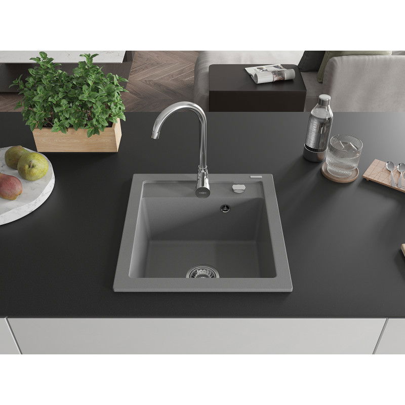 Mexen Vito granite kitchen sink 1-bowl with Telma kitchen tap, grey - 6503-71-670200-00