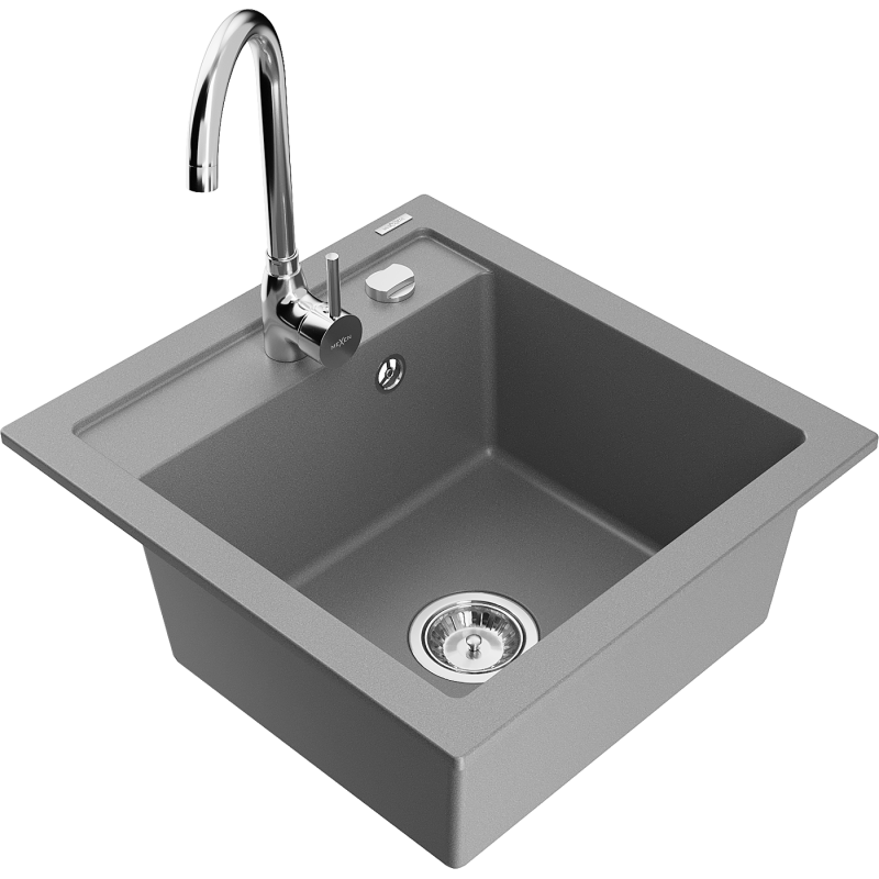 Mexen Vito granite kitchen sink single-bowl with Telma kitchen faucet, gray - 6503-71-670200-00