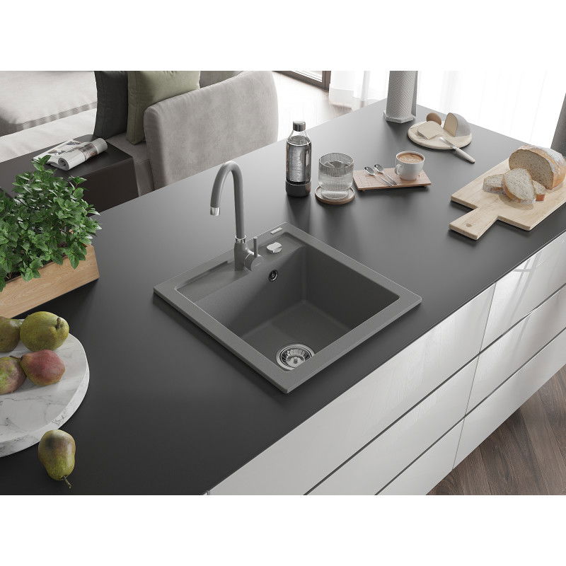 Mexen Vito 1-bowl granite kitchen sink with Telma kitchen tap, grey - 6503-71-670200-71
