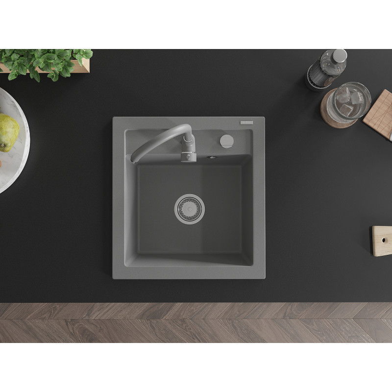 Mexen Vito 1-bowl granite kitchen sink with Telma kitchen tap, grey - 6503-71-670200-71
