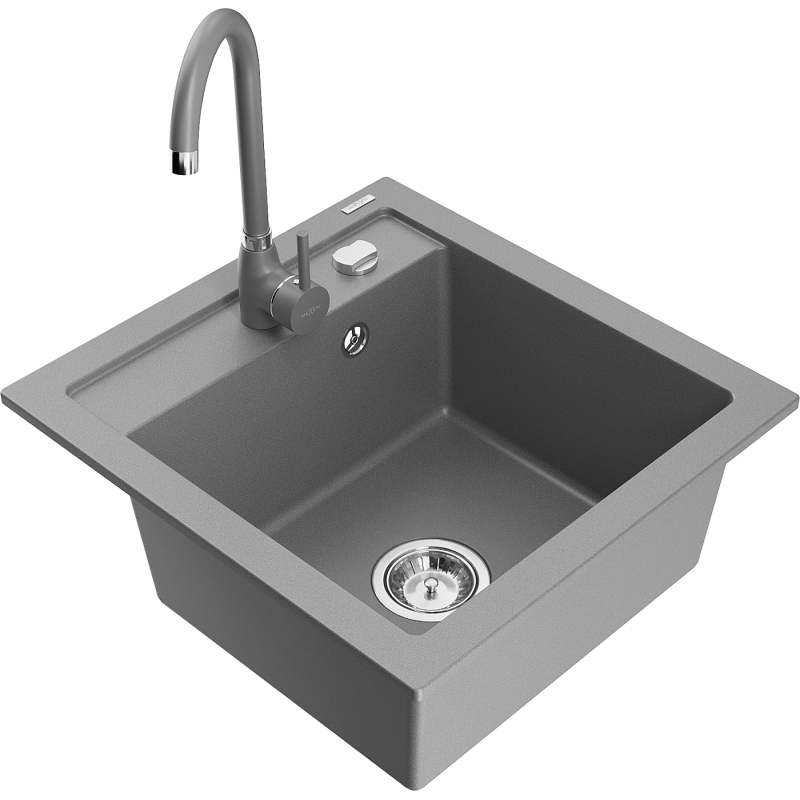 Mexen Vito 1-bowl granite kitchen sink with Telma kitchen tap, grey - 6503-71-670200-71