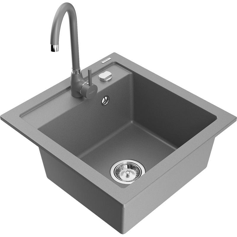 Mexen Vito granite kitchen sink 1-bowl with Telma kitchen faucet, gray - 6503-71-670200-71