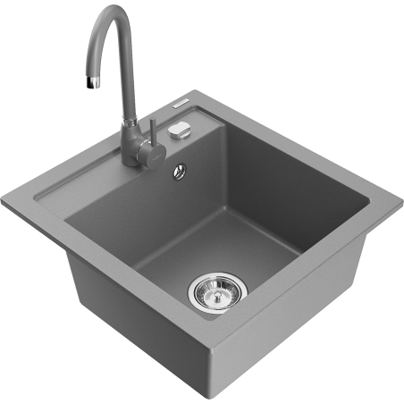 Mexen Vito 1-bowl granite kitchen sink with Telma kitchen tap, grey - 6503-71-670200-71