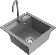 Mexen Vito granite kitchen sink 1-bowl with Telma kitchen faucet, gray - 6503-71-670200-71