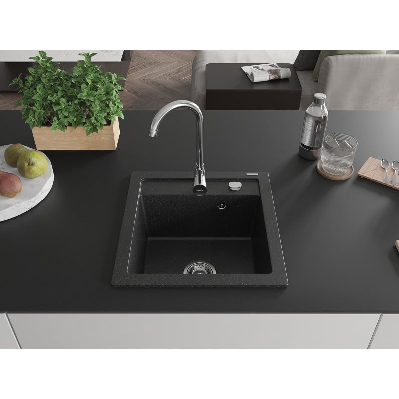 Mexen Vito granite kitchen sink single bowl with Telma kitchen faucet, black/silver metallic - 6503-73-670200-00