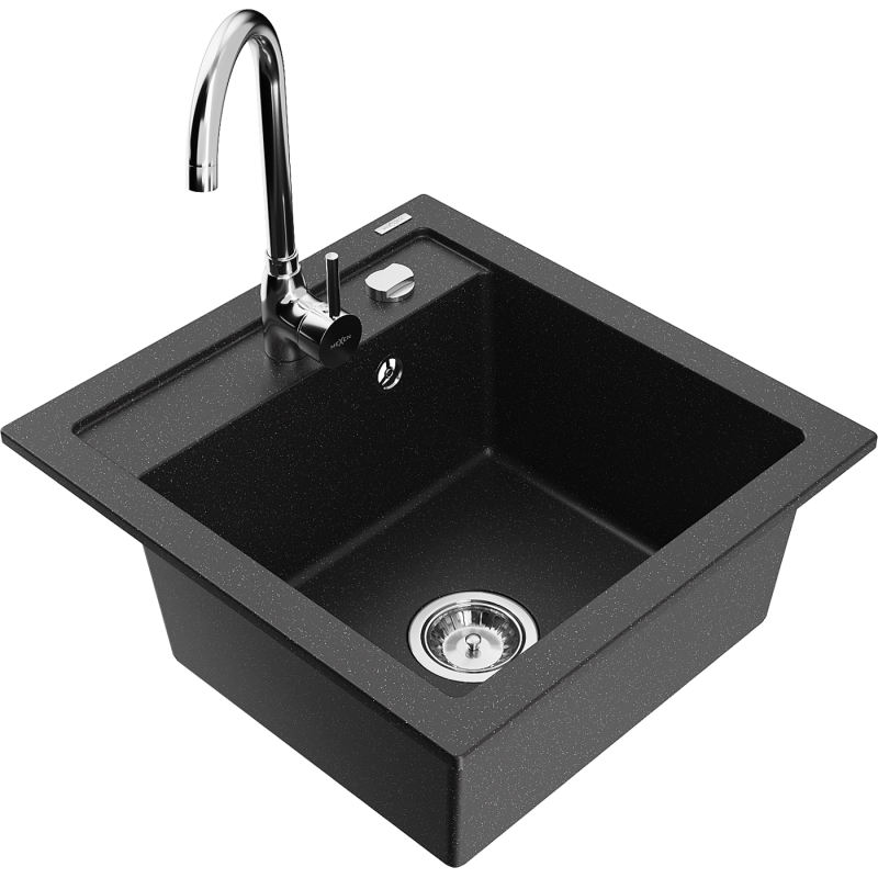 Mexen Vito 1-compartment granite sink with kitchen mixer tap Telma, Black/Silver metalik - 6503-73-670200-00