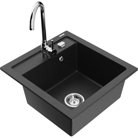 Mexen Vito granite kitchen sink single bowl with Telma kitchen faucet, black/silver metallic - 6503-73-670200-00