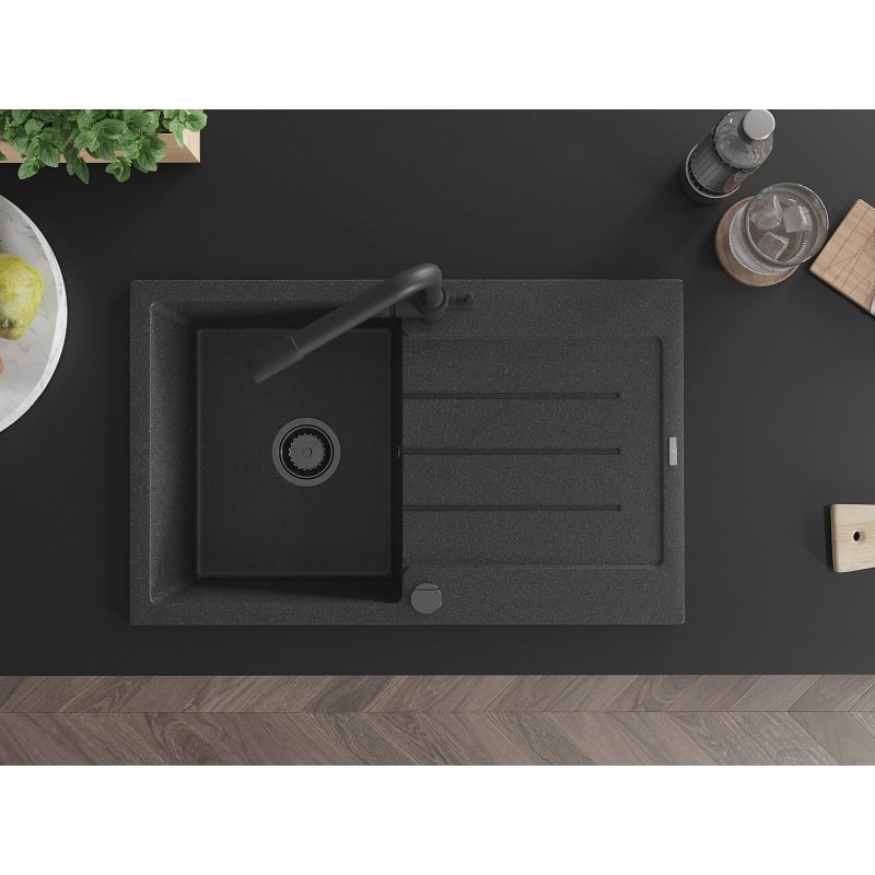Mexen Bruno granite kitchen sink 1-bowl with drainer and kitchen faucet Duero, black speckled - 6513-76-671600-70-B