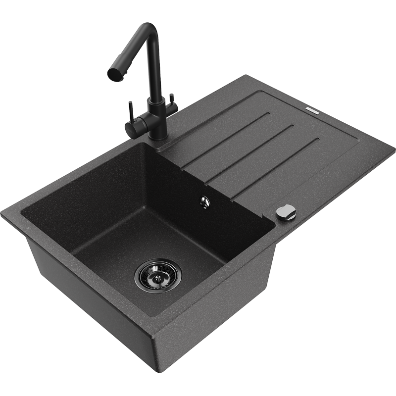 Mexen Bruno 1-compartment granite sink with a drip tray and kitchen mixer tap Duero, spotted black - 6513-76-671600-70-B