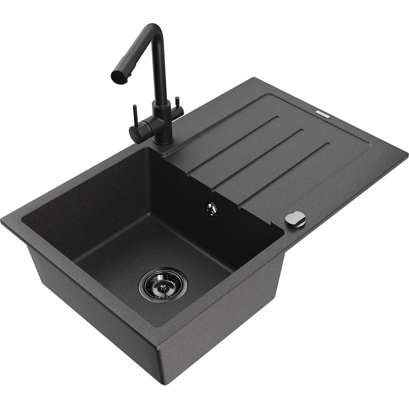 Mexen Bruno granite kitchen sink 1-bowl with drainer and kitchen faucet Duero, black speckled - 6513-76-671600-70-B