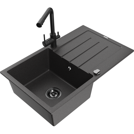 Mexen Bruno 1-bowl granite kitchen sink with drainer and Duero kitchen faucet, speckled black - 6513-76-671600-70-B