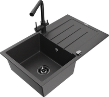 Mexen Bruno 1-bowl granite kitchen sink with drainer and Duero kitchen faucet, speckled black - 6513-76-671600-70-B