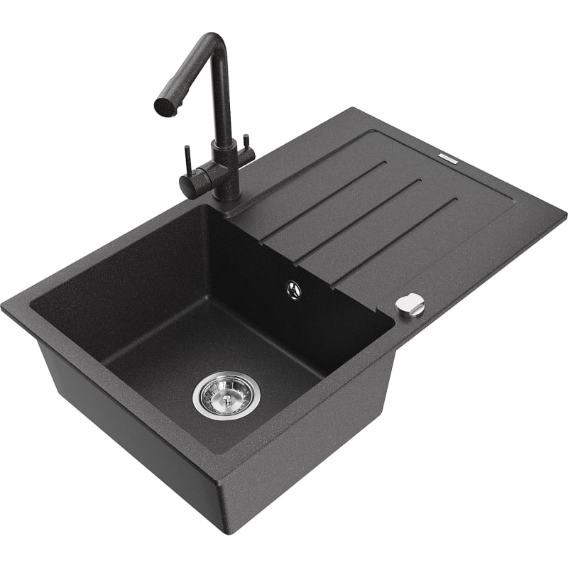 Mexen Bruno 1-bowl granite sink with drainer and kitchen faucet Duero, black speckled - 6513-76-671600-76