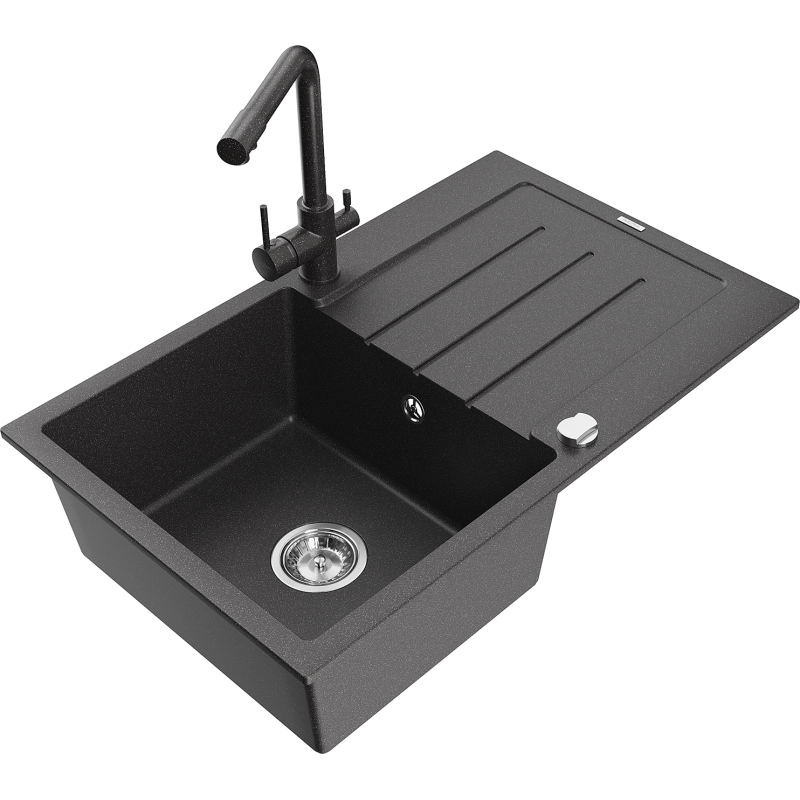 Mexen Bruno 1-compartment granite sink with a drip tray and kitchen mixer tap Duero, spotted black - 6513-76-671600-76