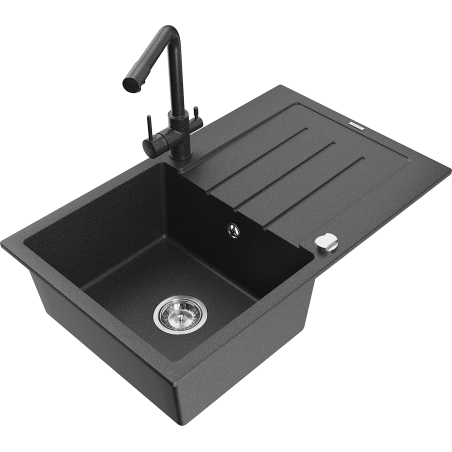 Mexen Bruno 1-bowl granite sink with drainer and Duero kitchen faucet, speckled black - 6513-76-671600-76