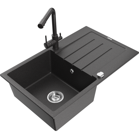 Mexen Bruno 1-bowl granite sink with drainer and kitchen faucet Duero, black speckled - 6513-76-671600-76