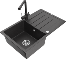 Mexen Bruno 1-bowl granite sink with drainer and Duero kitchen faucet, speckled black - 6513-76-671600-76
