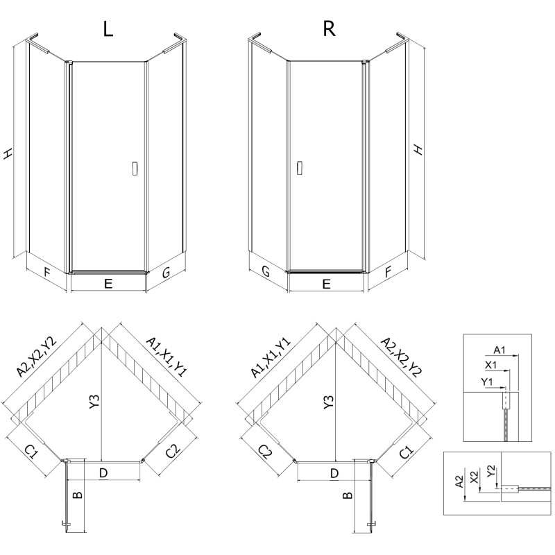 Mexen Mist L asymmetrical pentagonal hinged shower enclosure 100 x 90 cm transparent brushed nickel - 8A8L-100-090-97-00