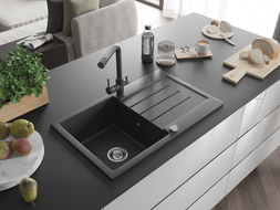 Mexen Bruno 1-compartment granite sink with a drip tray and kitchen mixer tap Duero, spotted black - 6513-76-671600-76
