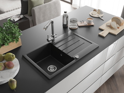 Mexen Bruno 1-bowl granite sink with drainer and Duero kitchen tap, black - 6513-77-671600-00