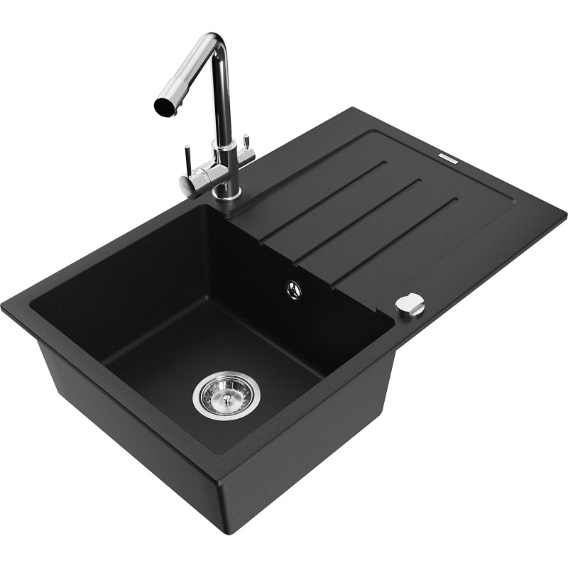 Mexen Bruno granite sink 1-bowl with drainer and kitchen faucet Duero, black - 6513-77-671600-00