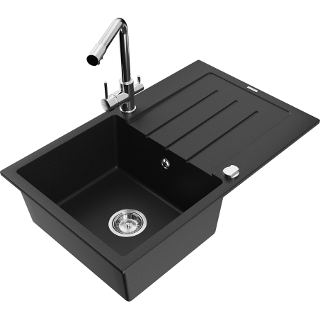 Mexen Bruno granite kitchen sink with 1 bowl, drainer, and Duero kitchen faucet, black - 6513-77-671600-00