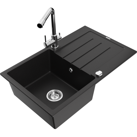 Mexen Bruno granite sink 1-bowl with drainer and kitchen faucet Duero, black - 6513-77-671600-00