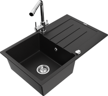 Mexen Bruno granite sink 1-bowl with drainer and kitchen faucet Duero, black - 6513-77-671600-00