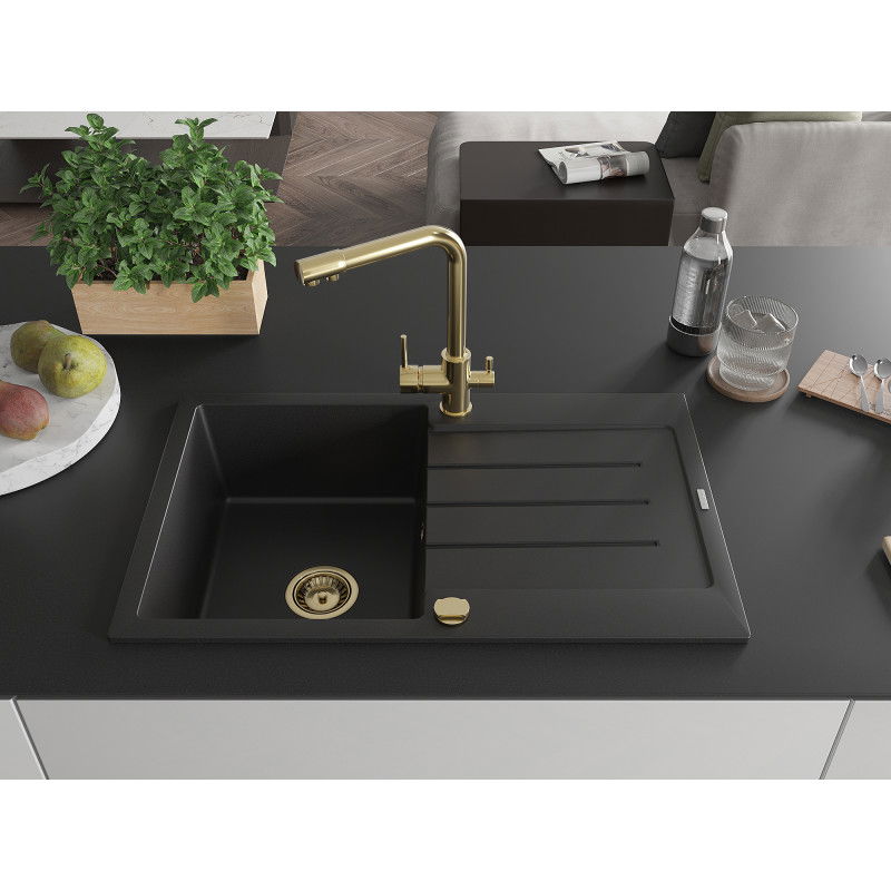 Mexen Bruno granite sink 1-bowl with drainer and Duero kitchen tap, black - 6513-77-671600-50